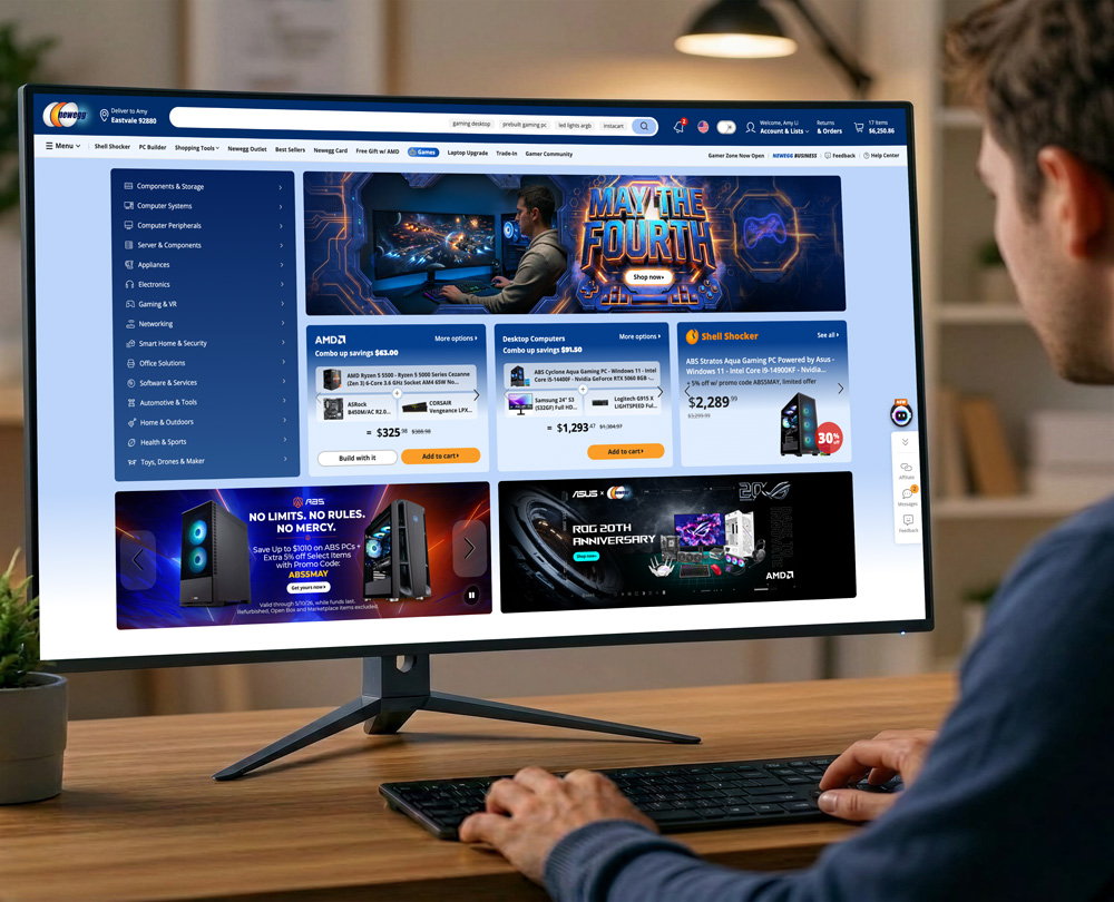 Newegg’s desktop storefront displayed on a wide monitor, with component categories and PC offers