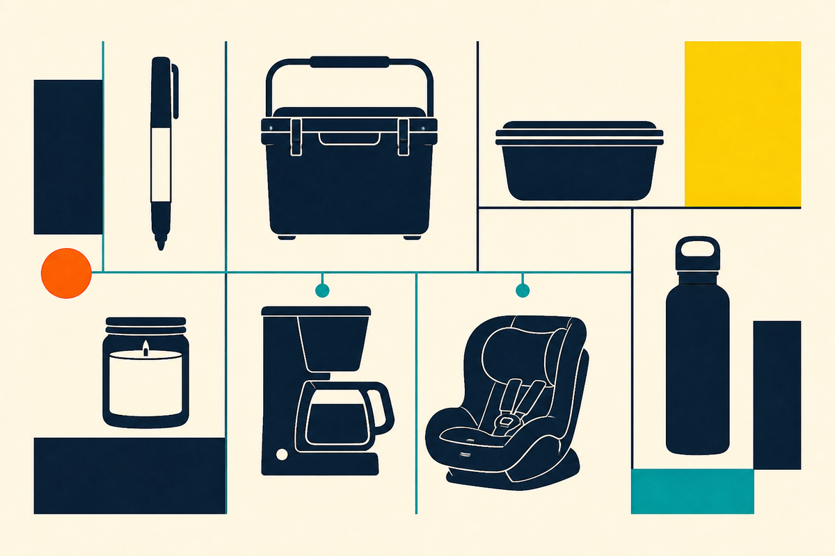 Swiss-style illustration of a marker, cooler, food container, candle, coffee maker, car seat and water bottle arranged on a geometric grid