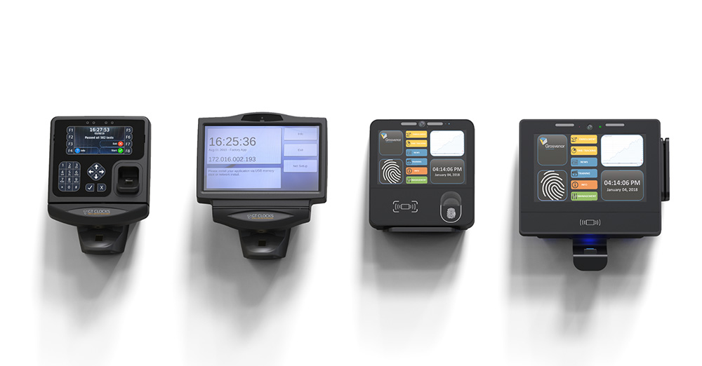 Four Grosvenor workforce timeclocks mounted side by side