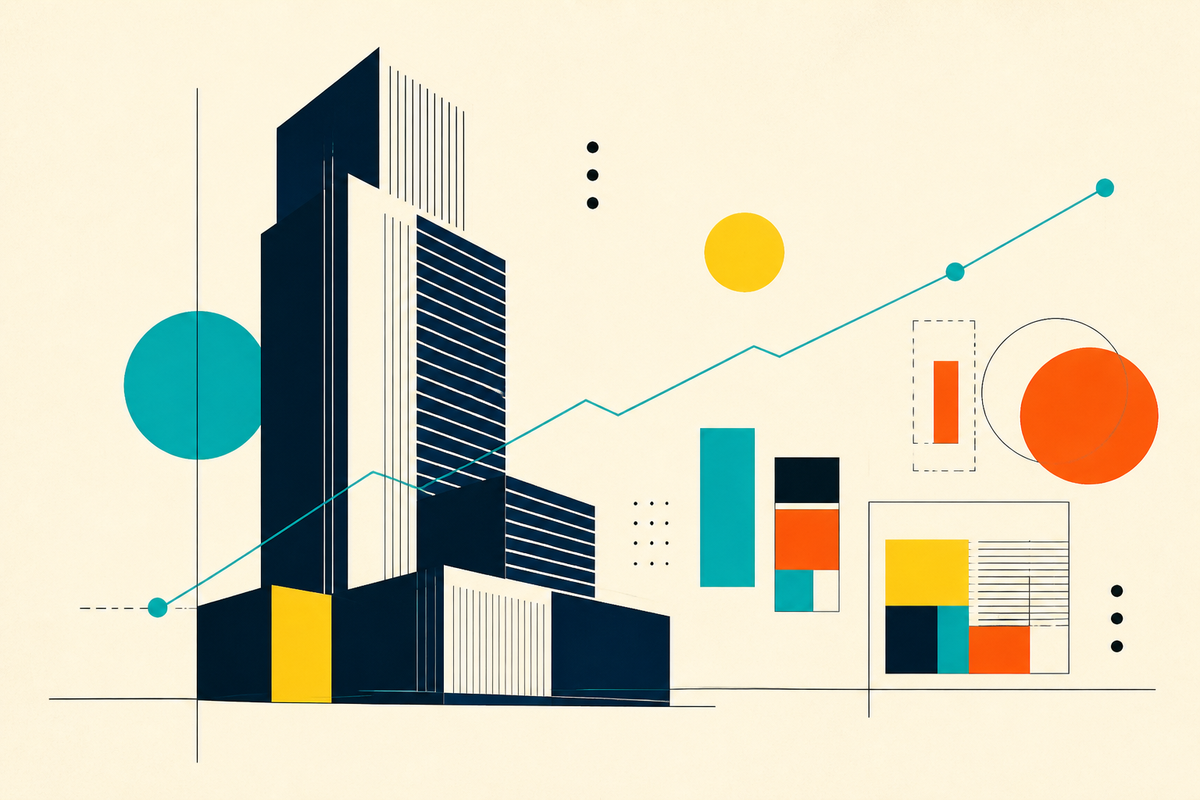 Abstract geometric city blocks connected by an ascending portfolio data line