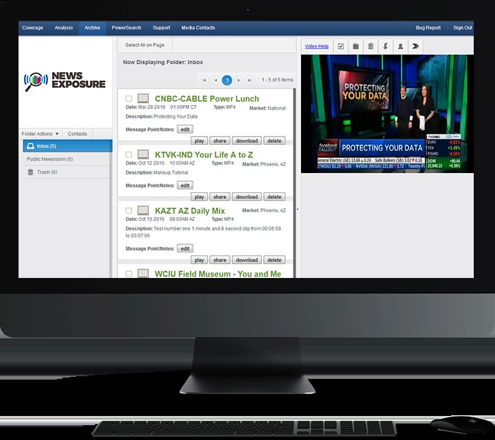 News Exposure monitoring portal showing a list of saved television clips and a video preview