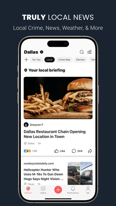 NewsBreak app showing a local briefing and neighborhood news feed