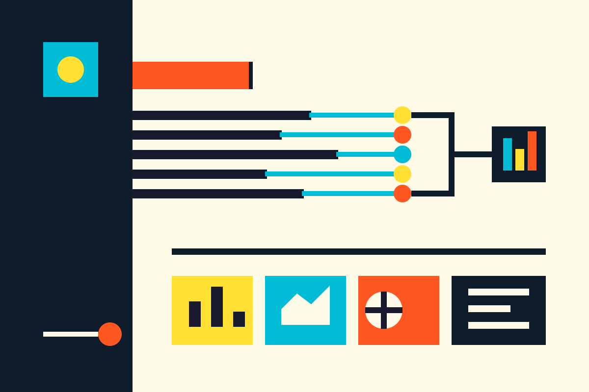 Abstract Swiss-style diagram showing five learning paths flowing from one source into instruction and data