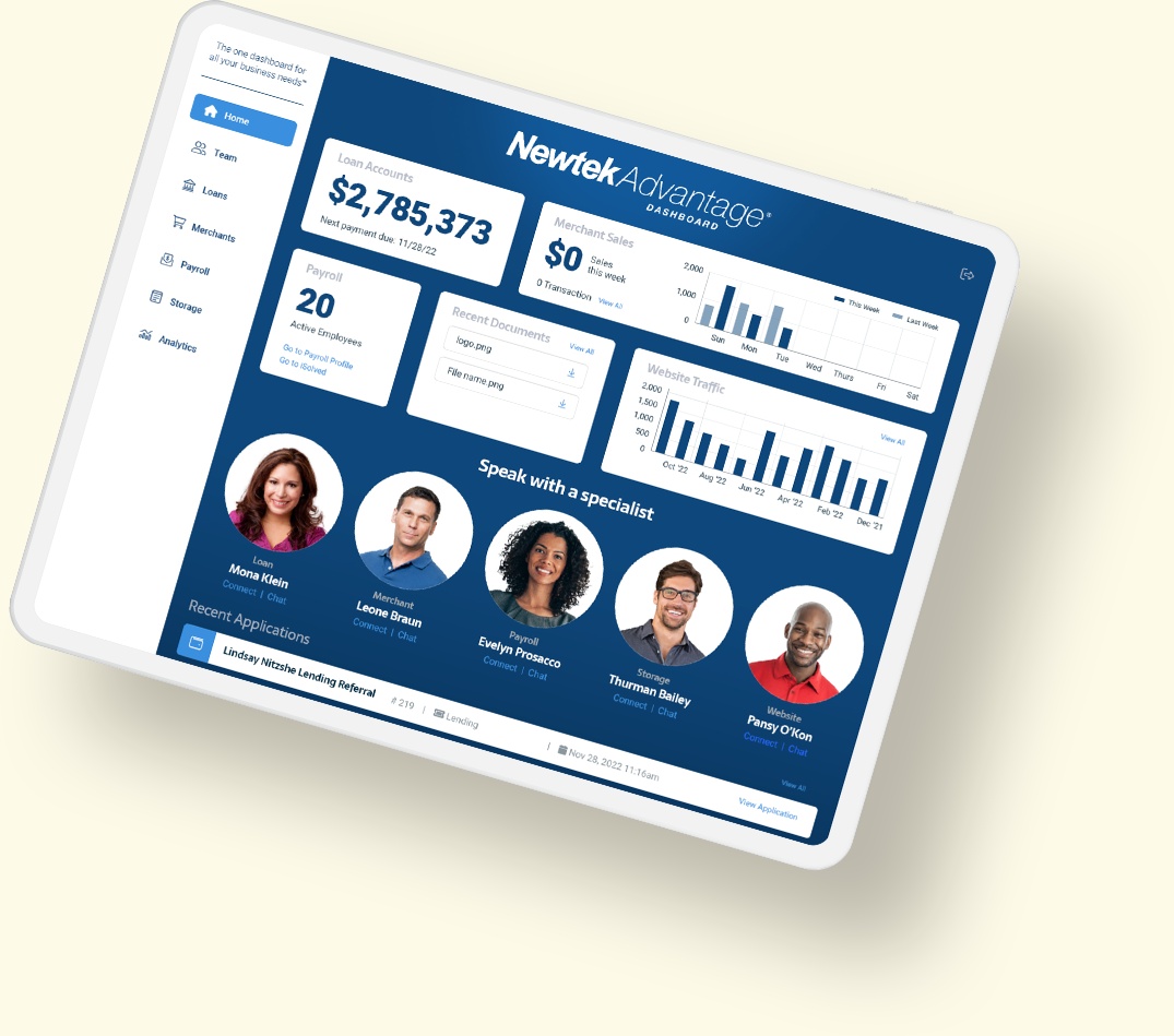 Newtek Advantage promotional dashboard showing sample loan, payroll, merchant and website information