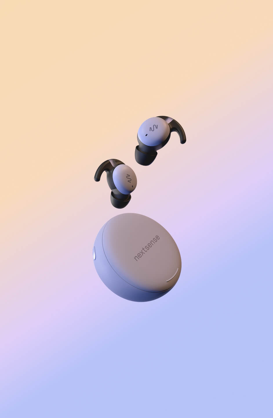 NextSense Smartbuds and their charging case against a pastel background