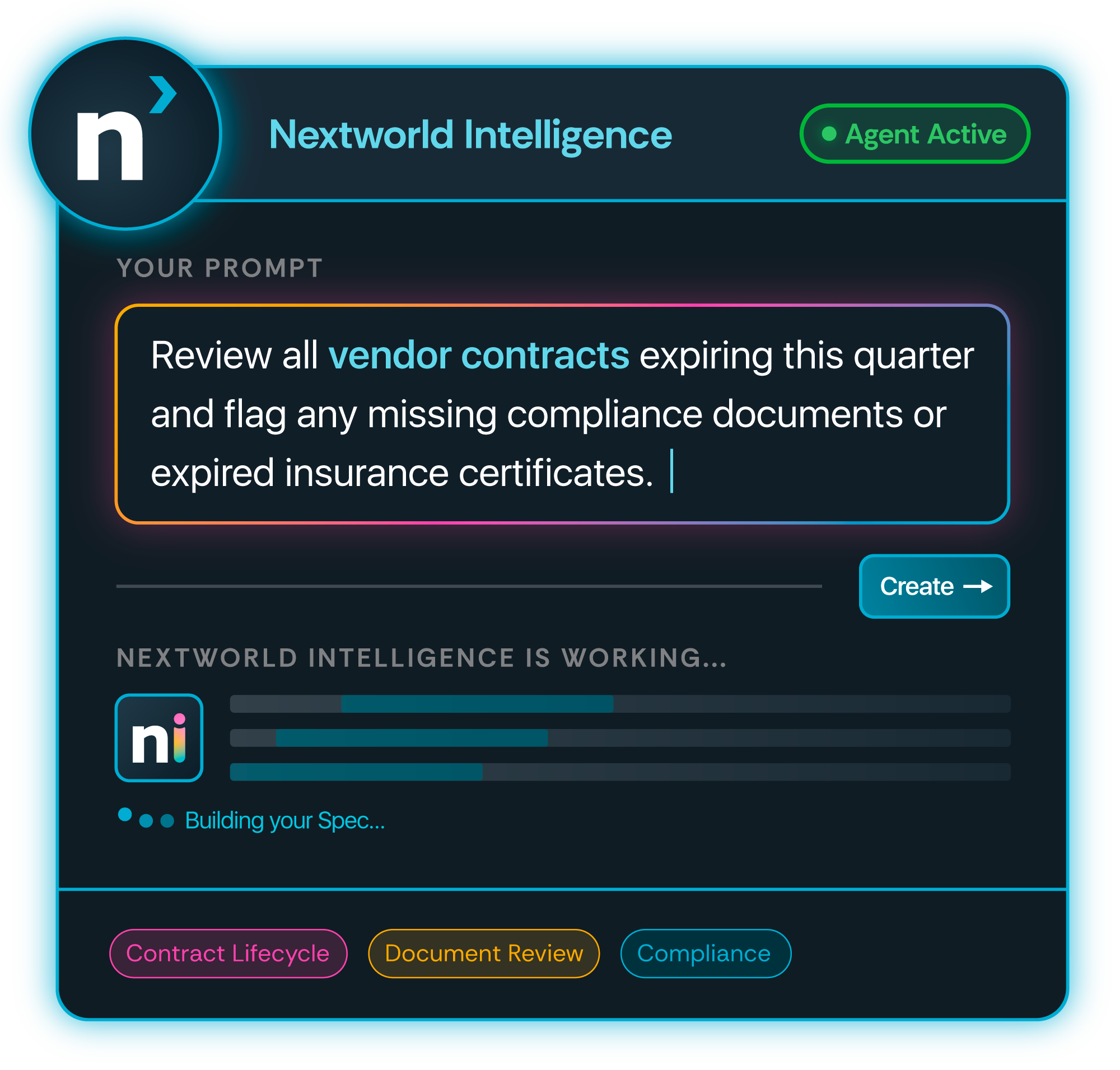 Illustrative Nextworld Intelligence interface asking an agent to review expiring vendor contracts