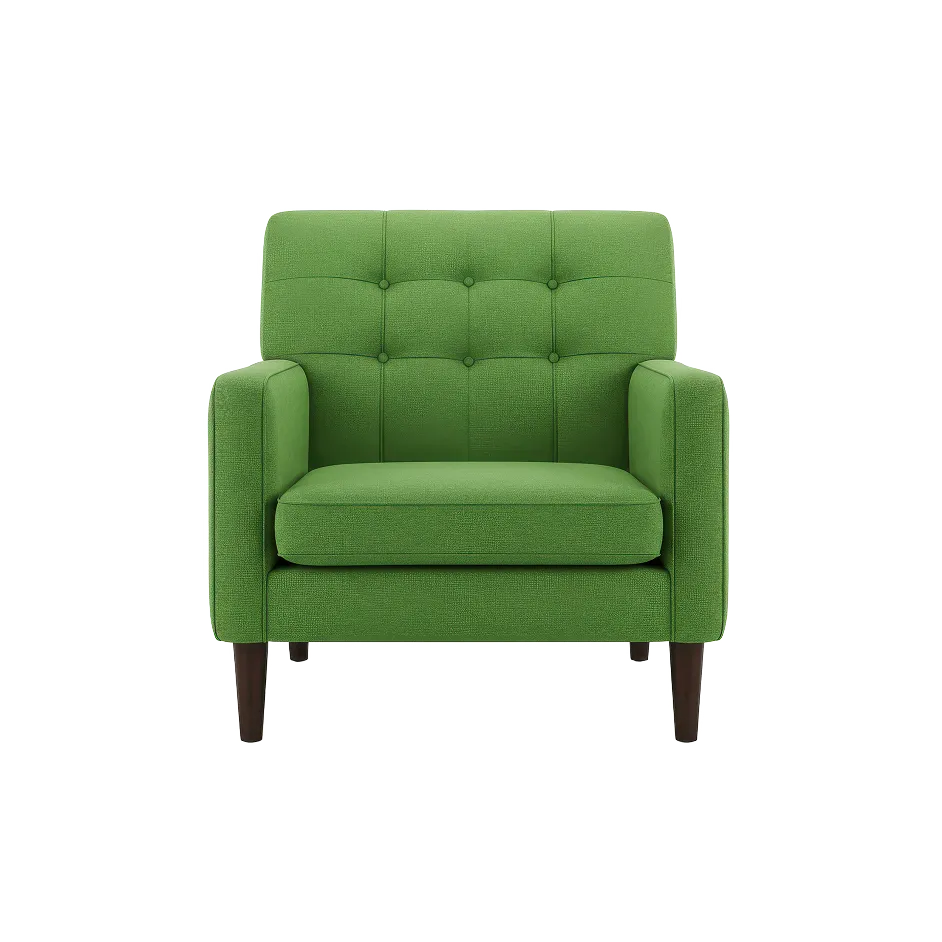 A green upholstered armchair rendered as a clean product visual