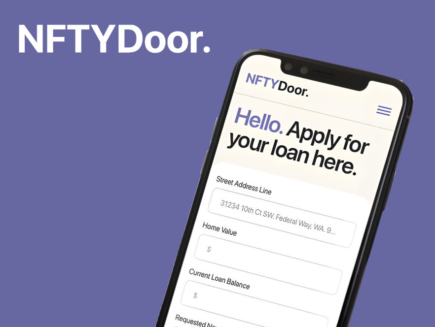 NFTYDoor mobile loan application shown on a purple background