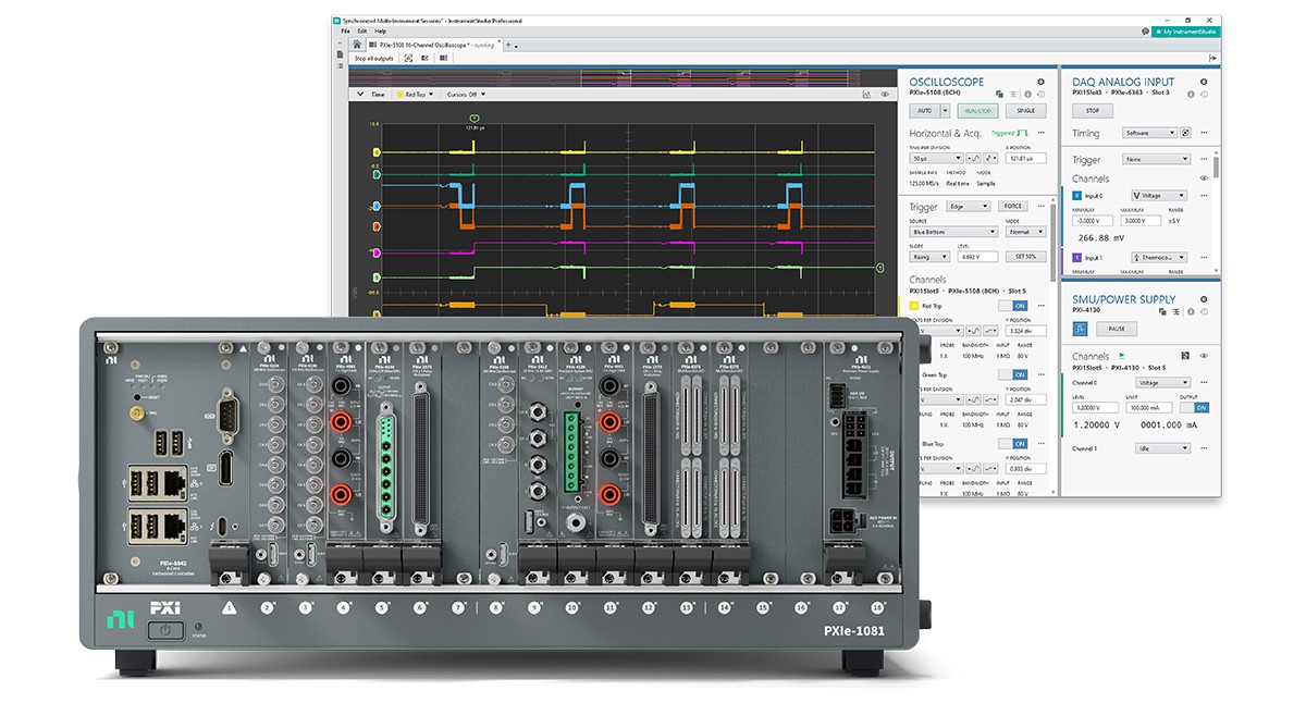 An NI PXI modular test system beside InstrumentStudio software