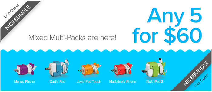 A lineup of colorful CableKeeps cable organizers by Nice, Inc.