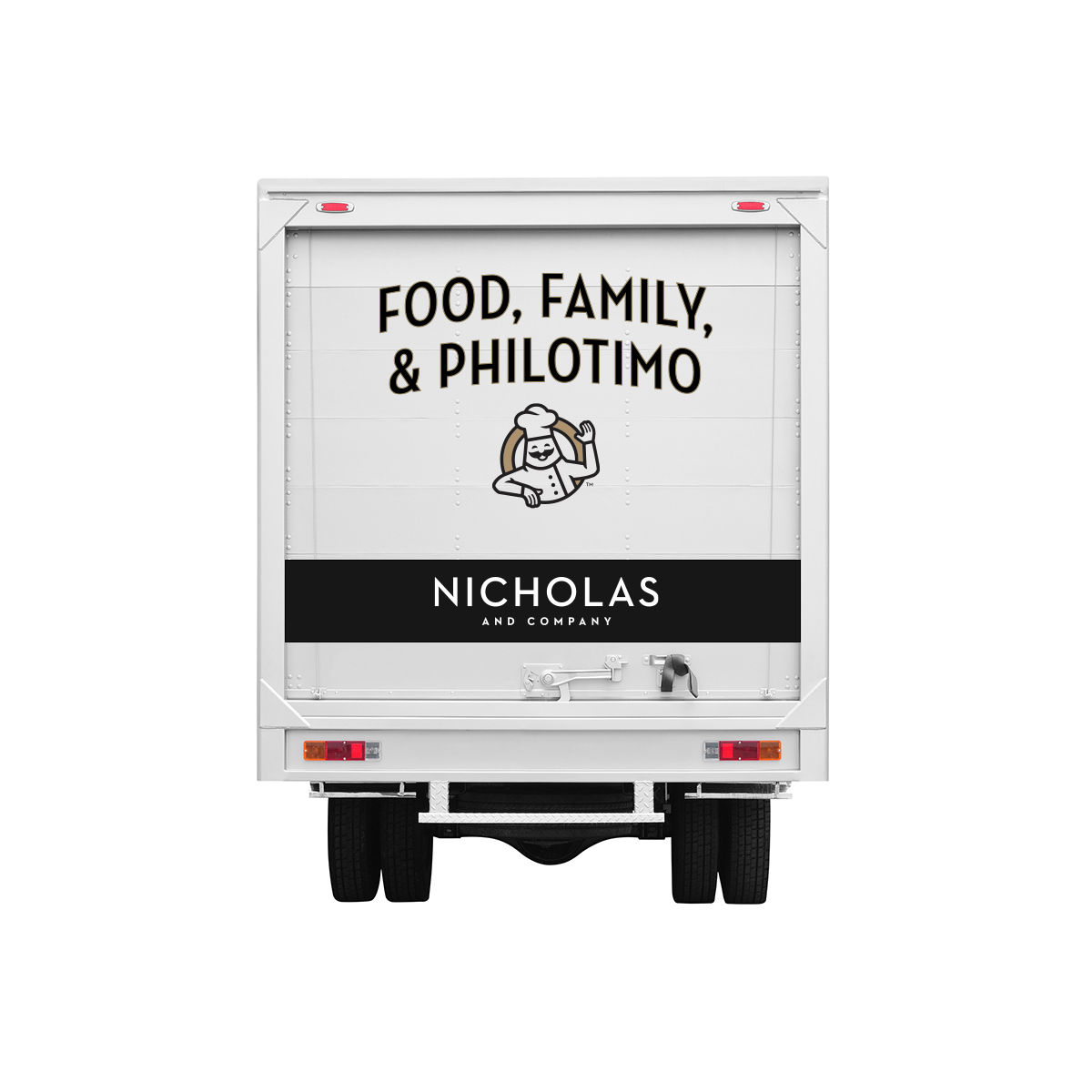 Rear of a Nicholas and Company delivery truck bearing its food, family and philotimo message