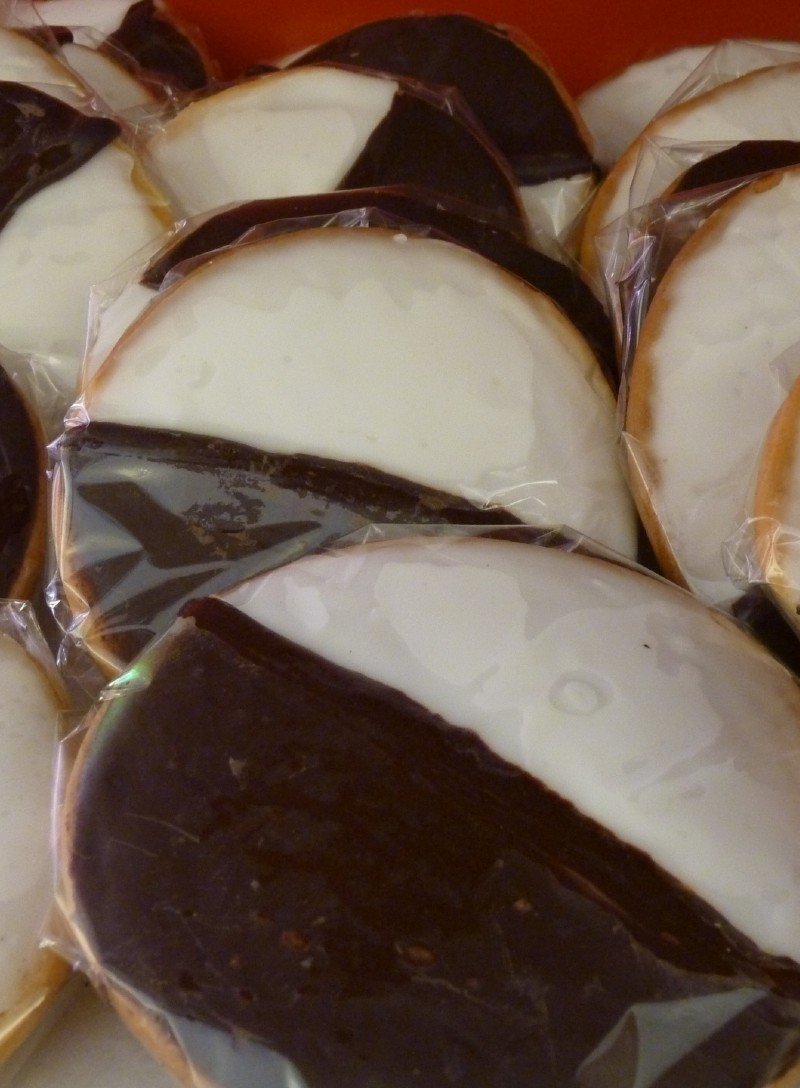 A close arrangement of William Greenberg black-and-white cookies