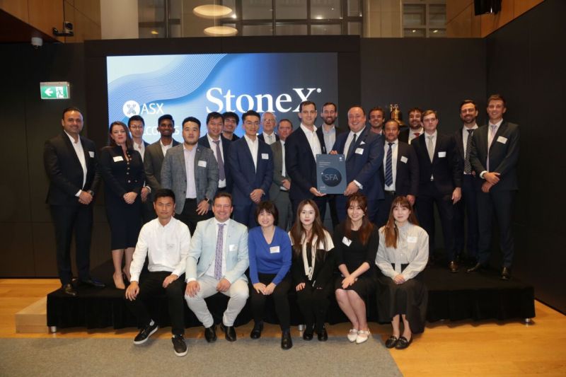 Nicholas Orssich, Gregory Kallinikos and the Australian StoneX team gathered at the ASX membership celebration