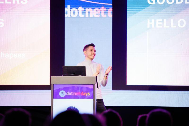 Nick Chapsas speaking behind a lectern at dotnetdays
