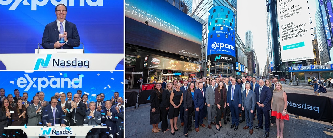 Nick Dell’Osso at the Nasdaq podium and with Expand Energy employees in Times Square