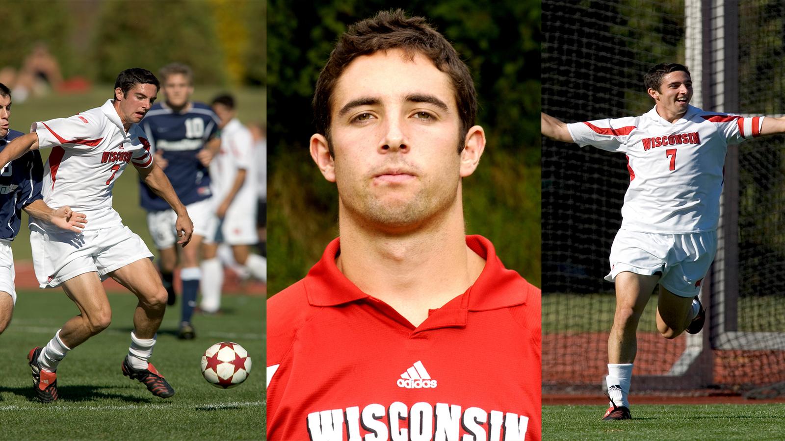 A three-panel montage of Nick Van Sicklen playing soccer for Wisconsin, posing for a team portrait and celebrating a goal