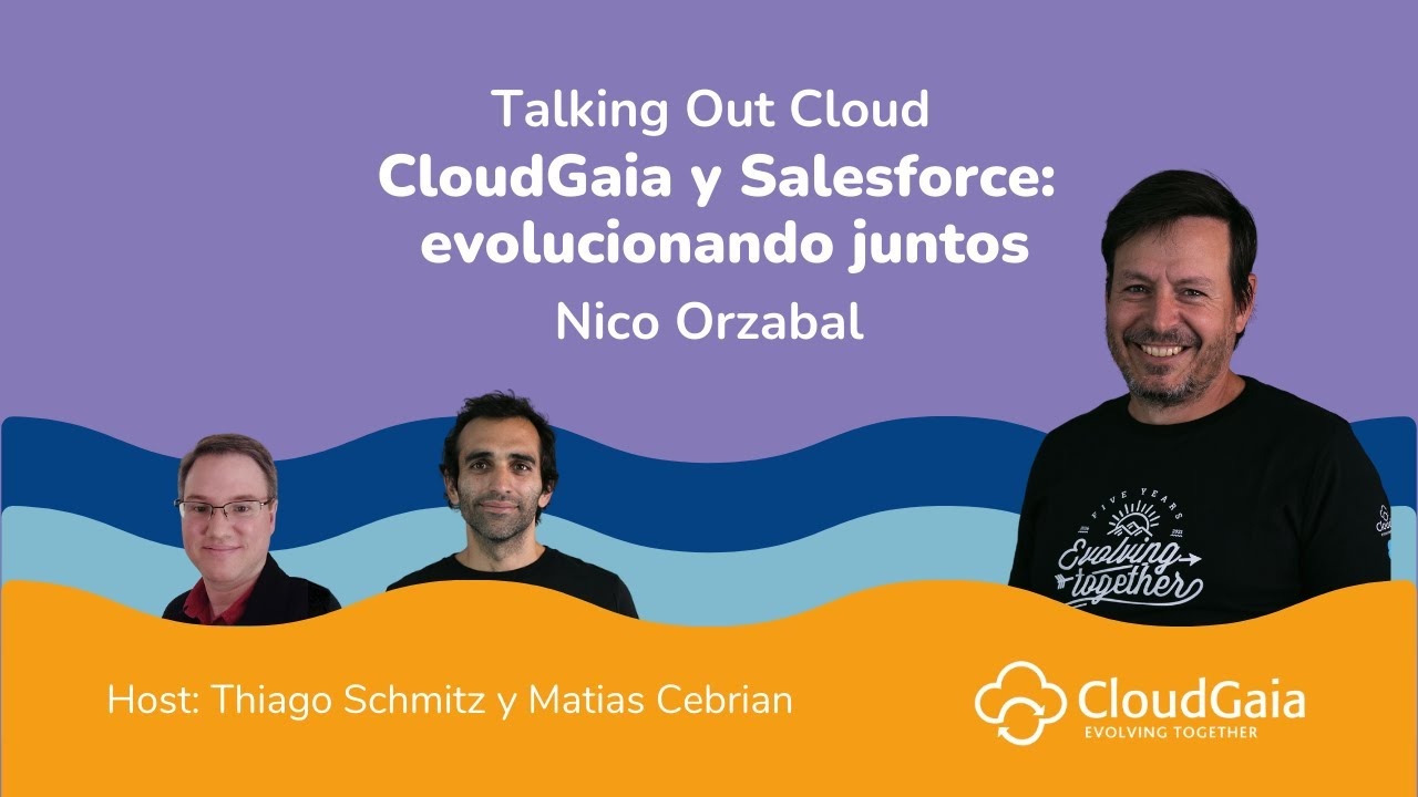 Talking Out Cloud episode artwork with Nicolás Orzabal at right and hosts Thiago Schmitz and Matias Cebrian