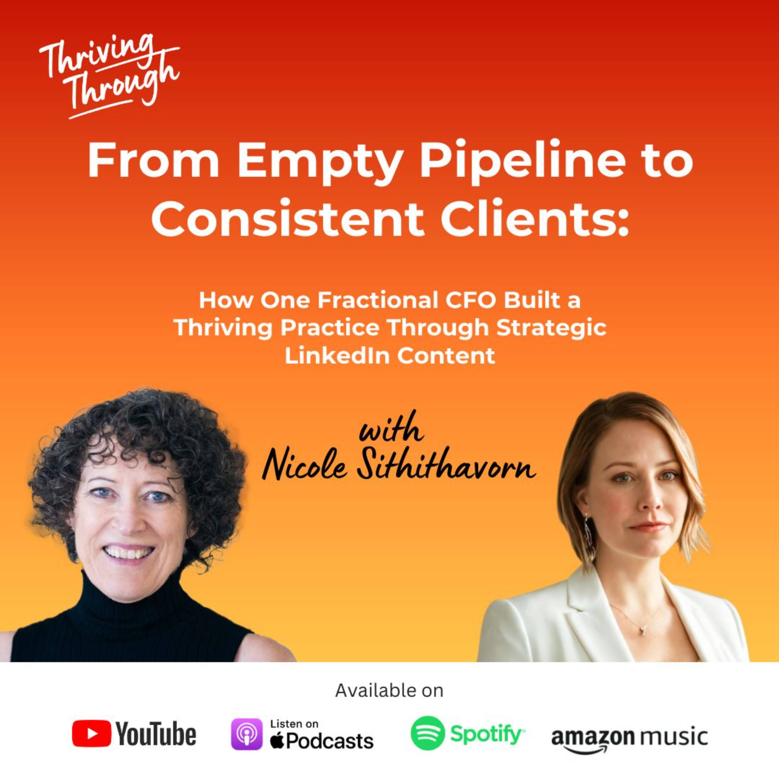 Thriving Through podcast artwork featuring host AJ Riedel and guest Nicole Sithithavorn