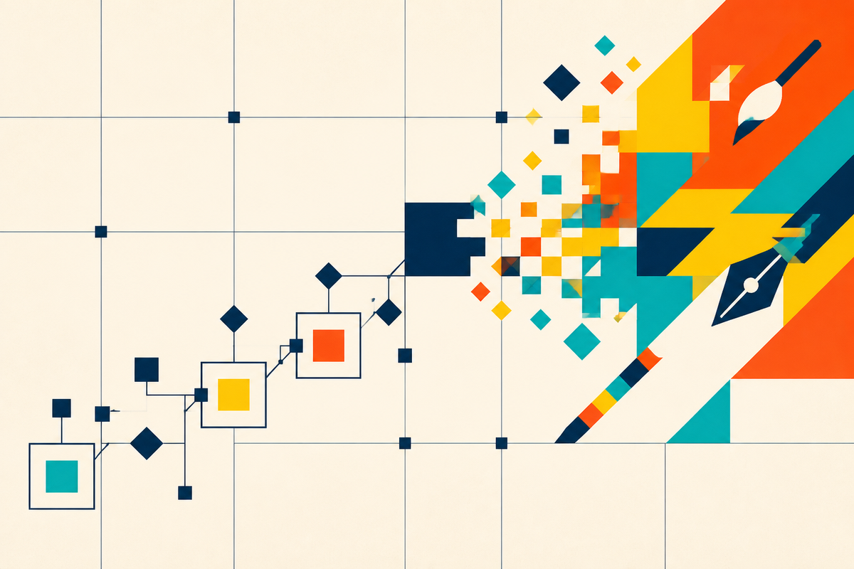 Abstract Swiss-style grid of modular blocks transforming into a colorful field