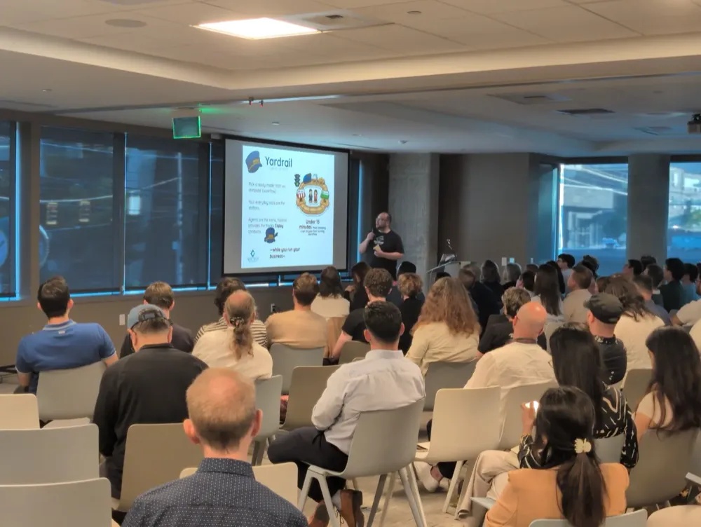 Nigel Sharp presenting Yardrail to a seated audience at a pitch event