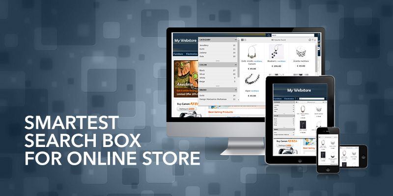 Archival 2014 Klevu promotional artwork showing its retail search interface across desktop, tablet and mobile devices