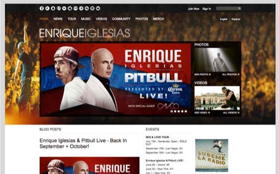Historical Ning product showcase displaying a customized Enrique Iglesias music community with navigation, media and events