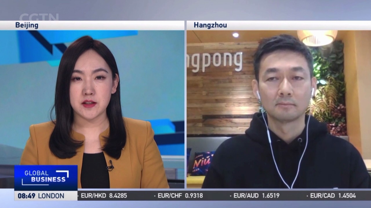 Ning Wang speaking from Hangzhou during a CGTN Global Business interview in 2024