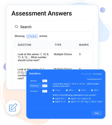 NinjaInterview product illustration of assessment answers and a timed multiple-choice question