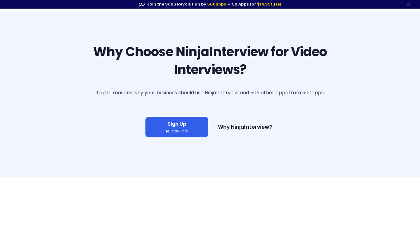Archived NinjaInterview marketing page advertising a 50-app suite for $14.99 per user