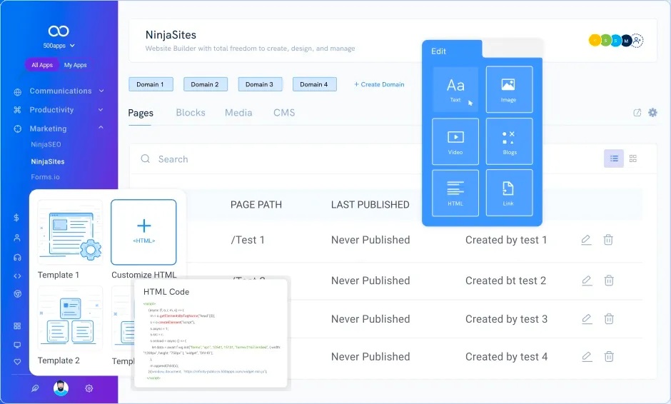 Historical NinjaSites interface showing domain tabs, page management, templates, and editing controls