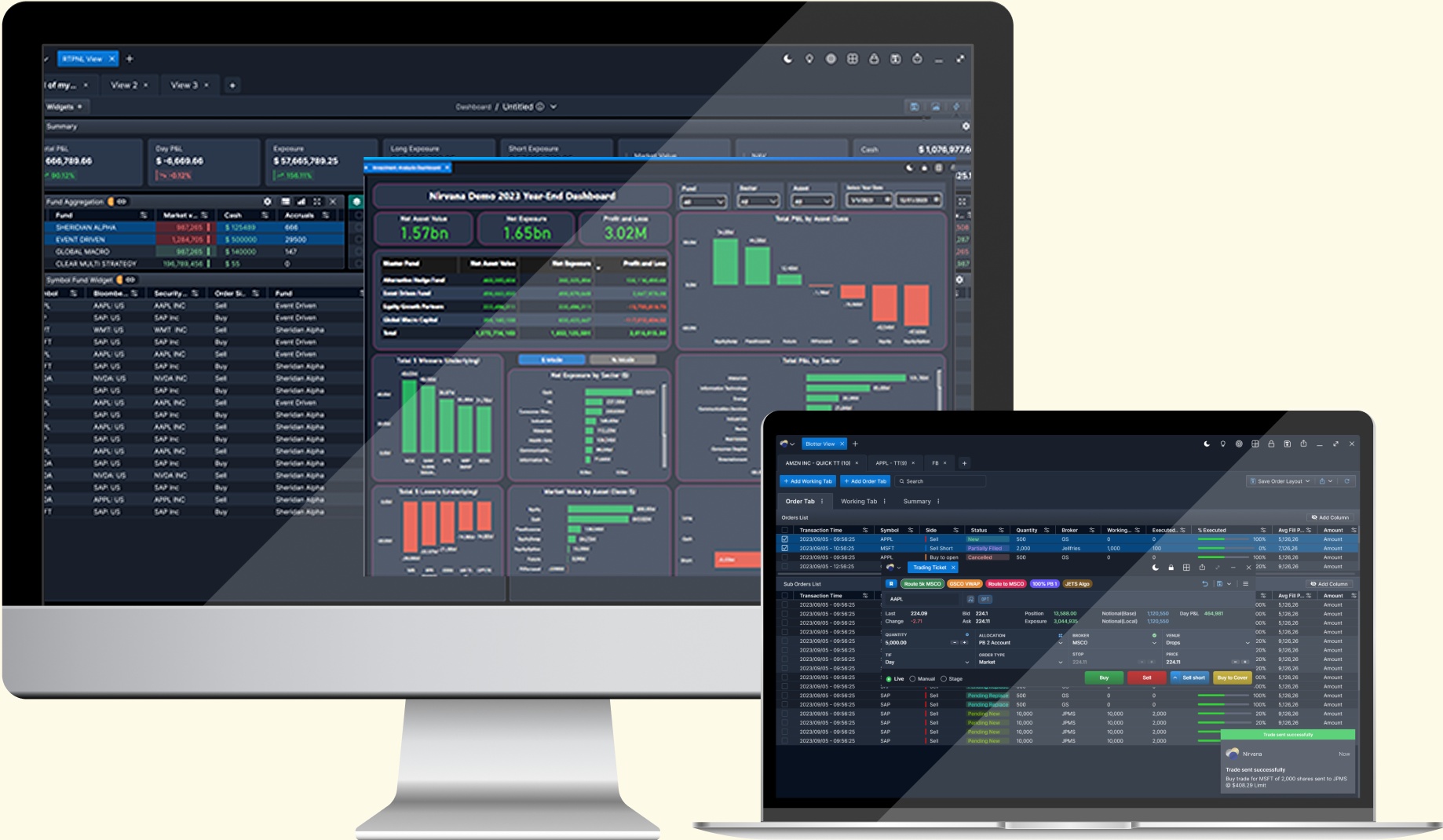 Nirvana product illustration showing portfolio dashboards and a trading blotter on desktop and laptop screens