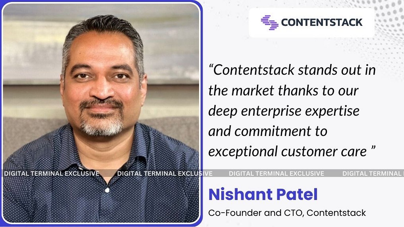 Press graphic showing Nishant Patel beside a quotation about enterprise expertise and customer care