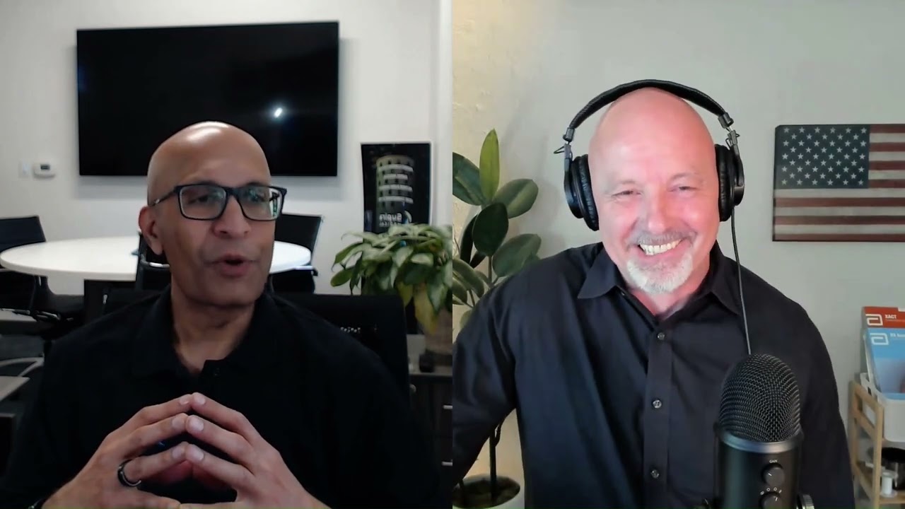 Nitin Salunke, left, speaking with a podcast interviewer during a video conversation