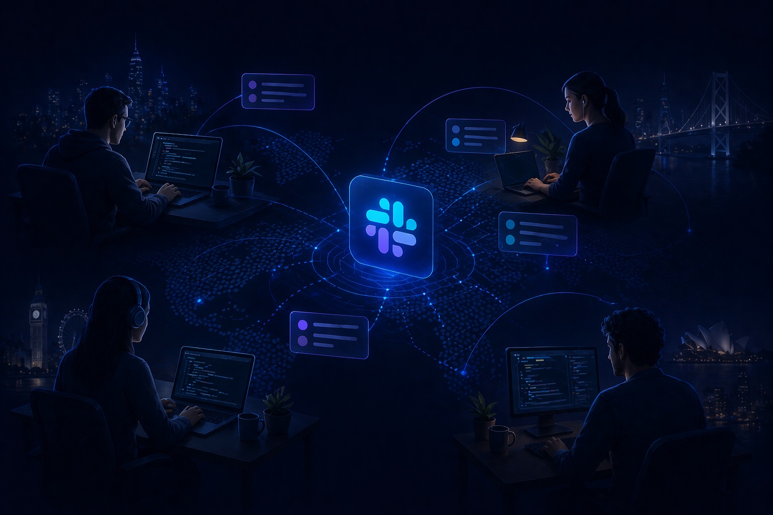 Nitka’s illustration of engineers collaborating across a connected global network