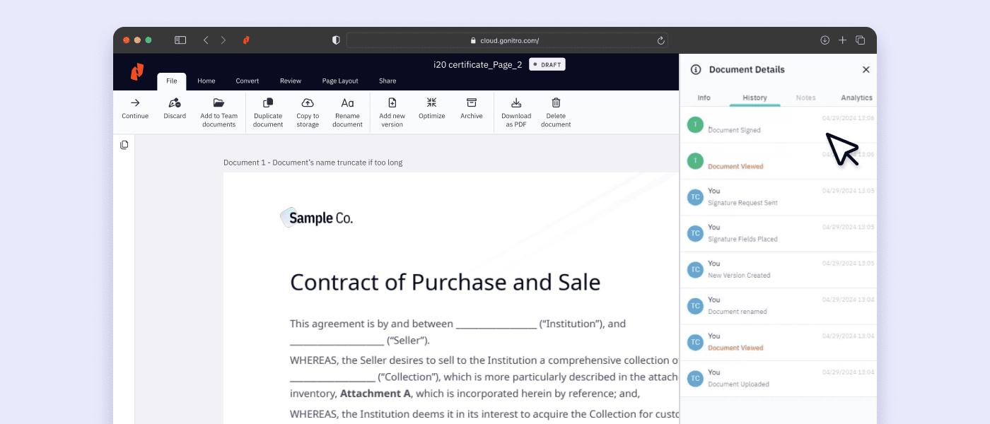 Nitro Sign interface showing the audit trail for a document
