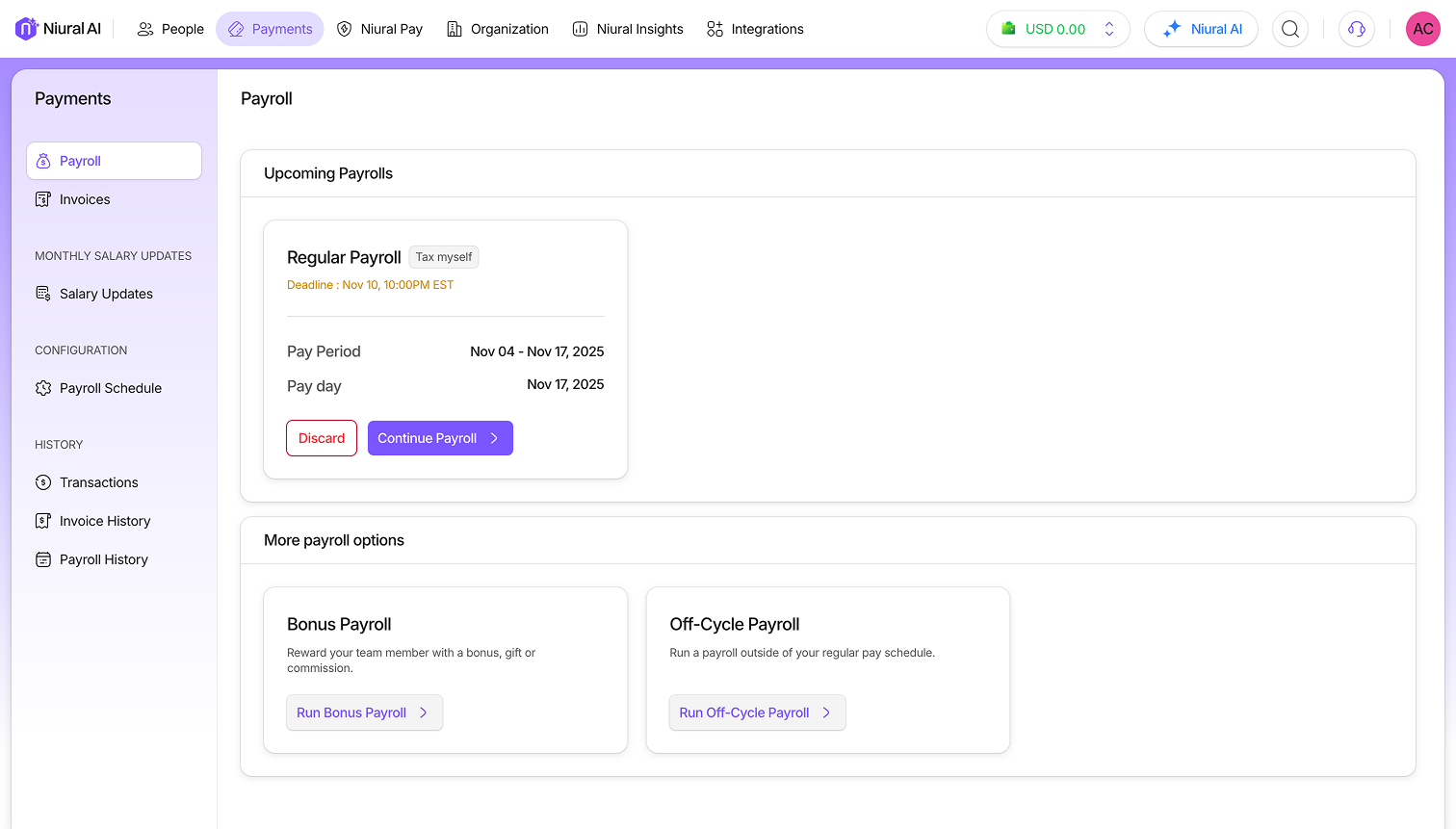 Niural’s payroll product interface displayed in its official product visual.