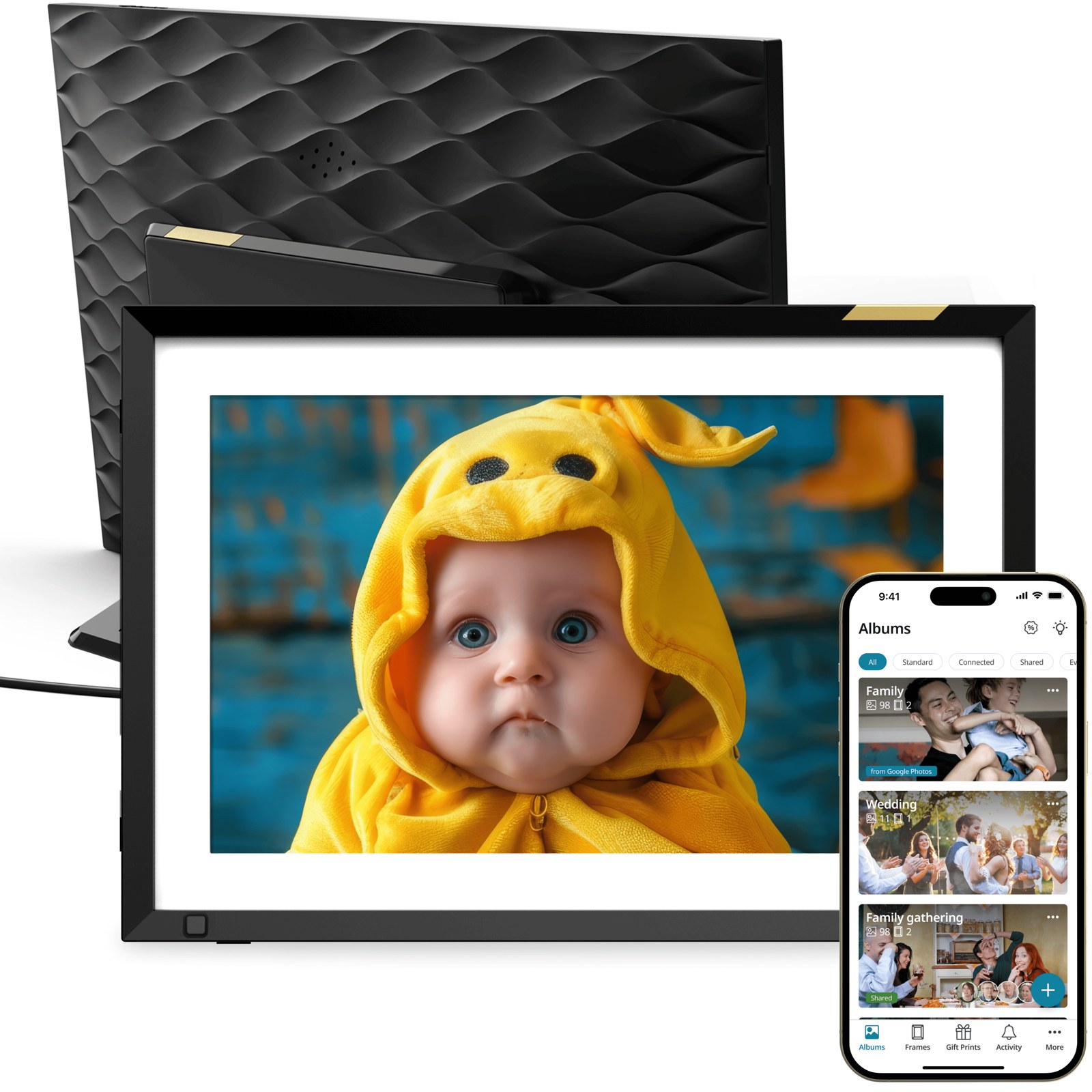 Nixplay photo frame beside its mobile album app, showing a baby photograph