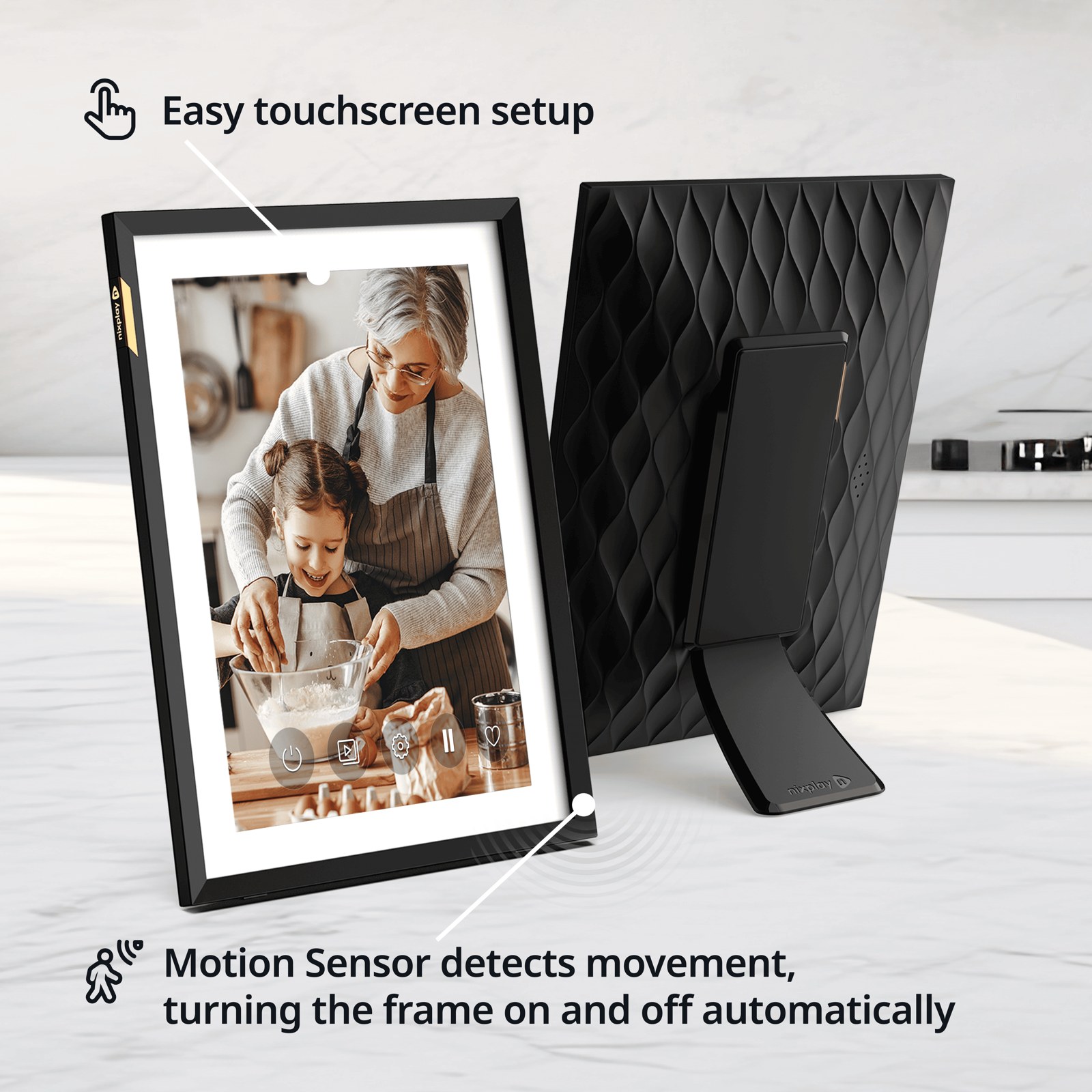Front and rear views of a Nixplay digital photo frame