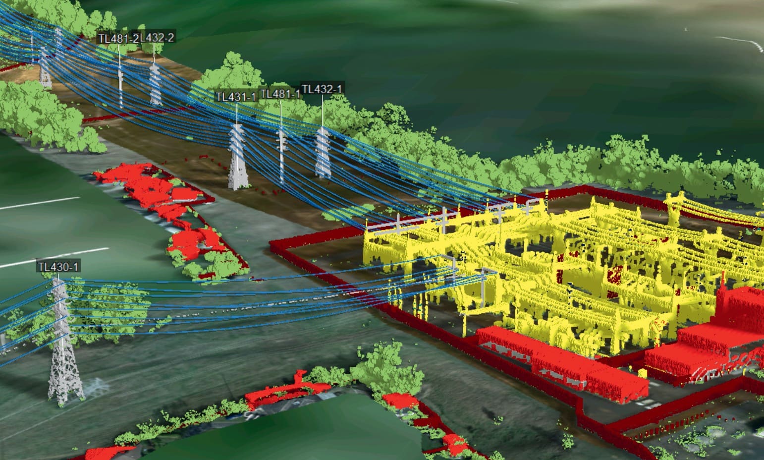 A color-classified 3D model of a substation, transmission lines and surrounding vegetation