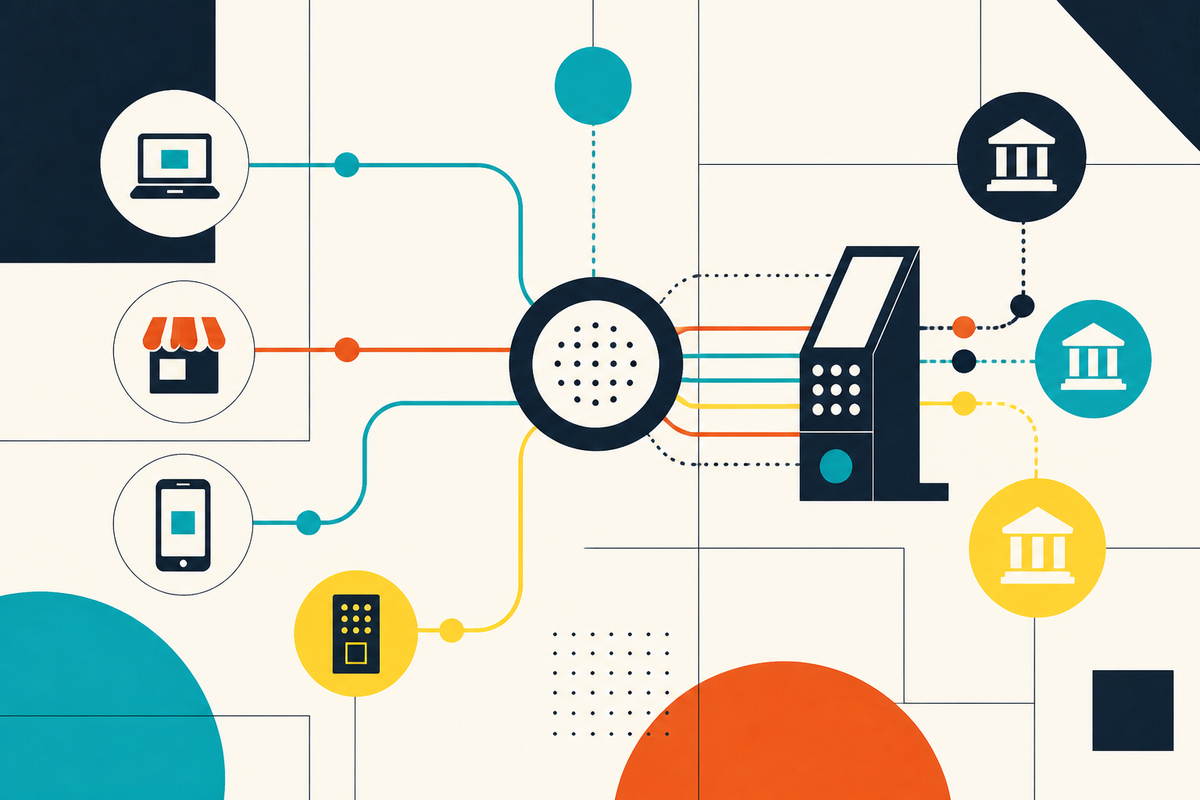 Abstract Swiss-style network of payment terminals, merchants, software and banks connected by colorful rails