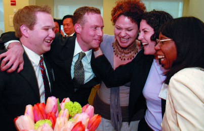 The Verge Records team celebrates its NYU competition win, with Noah Dinkin at far left