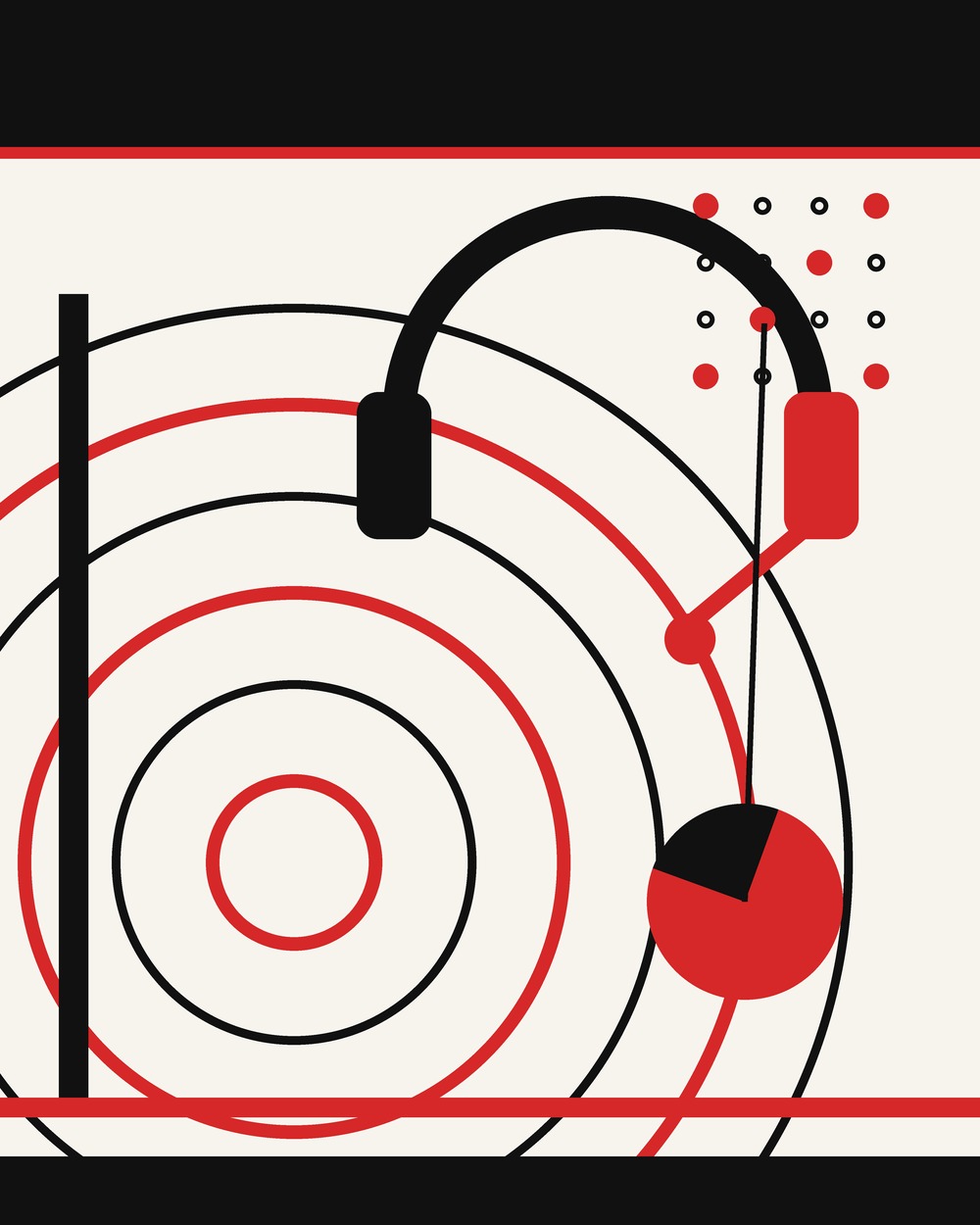 Poster-style illustration of a headset, sound rings and a call-routing grid