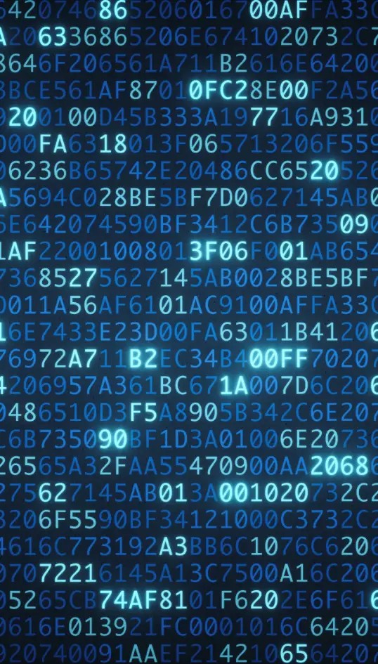 Rows of glowing hexadecimal characters representing cybersecurity intelligence