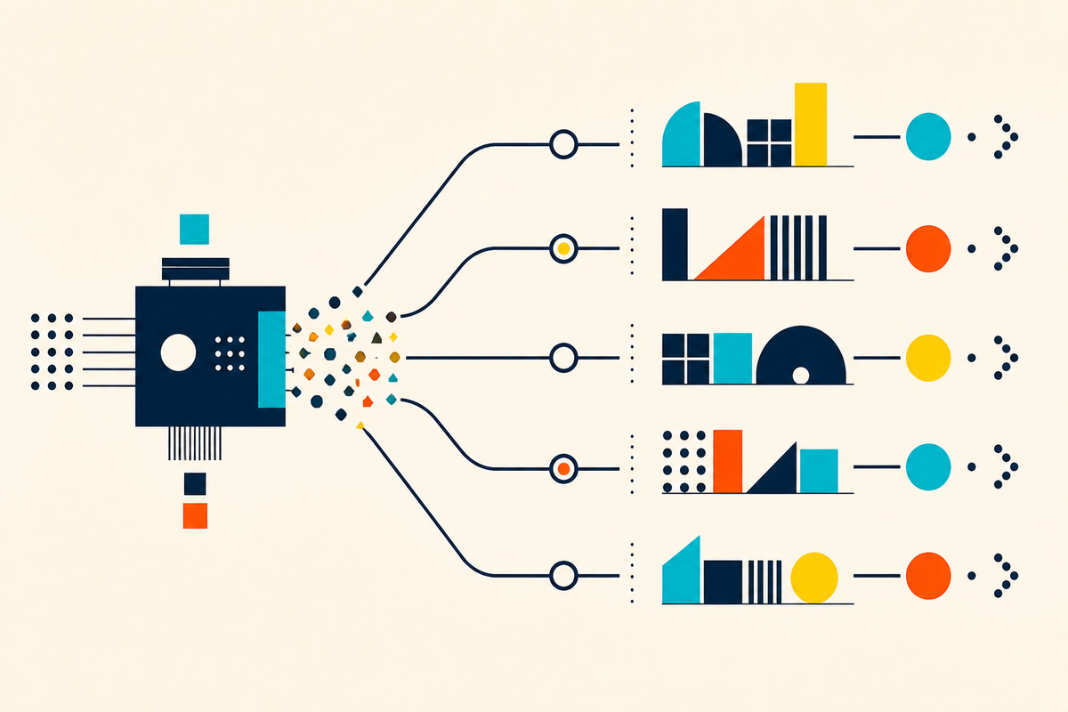 Abstract Swiss-style illustration of a company-building engine turning small ideas into several distinct ventures