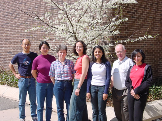 Seven members of the Hayman laboratory standing outdoors in front of a flowering tree at Stony Brook University