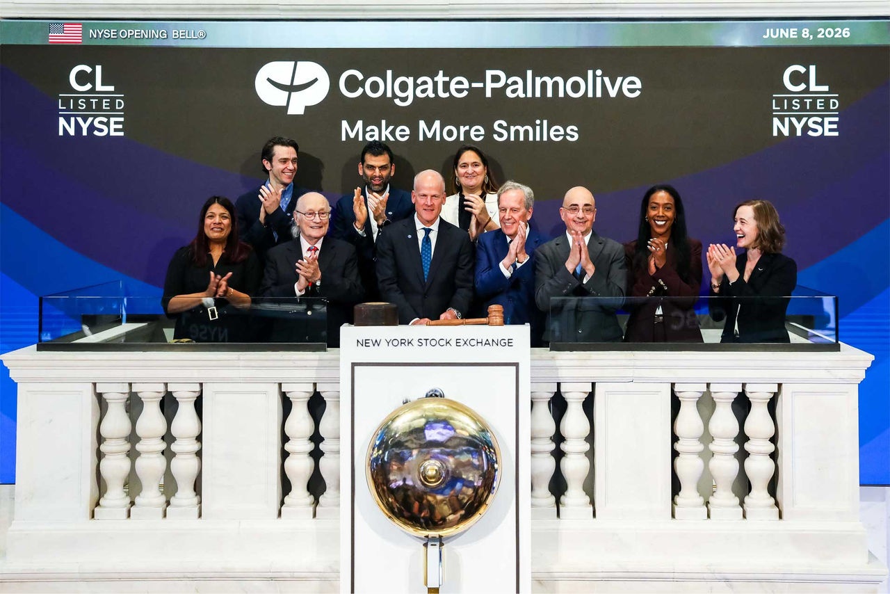 Noel Wallace with former Colgate-Palmolive leaders and employee honorees at the New York Stock Exchange opening bell on June 8, 2026