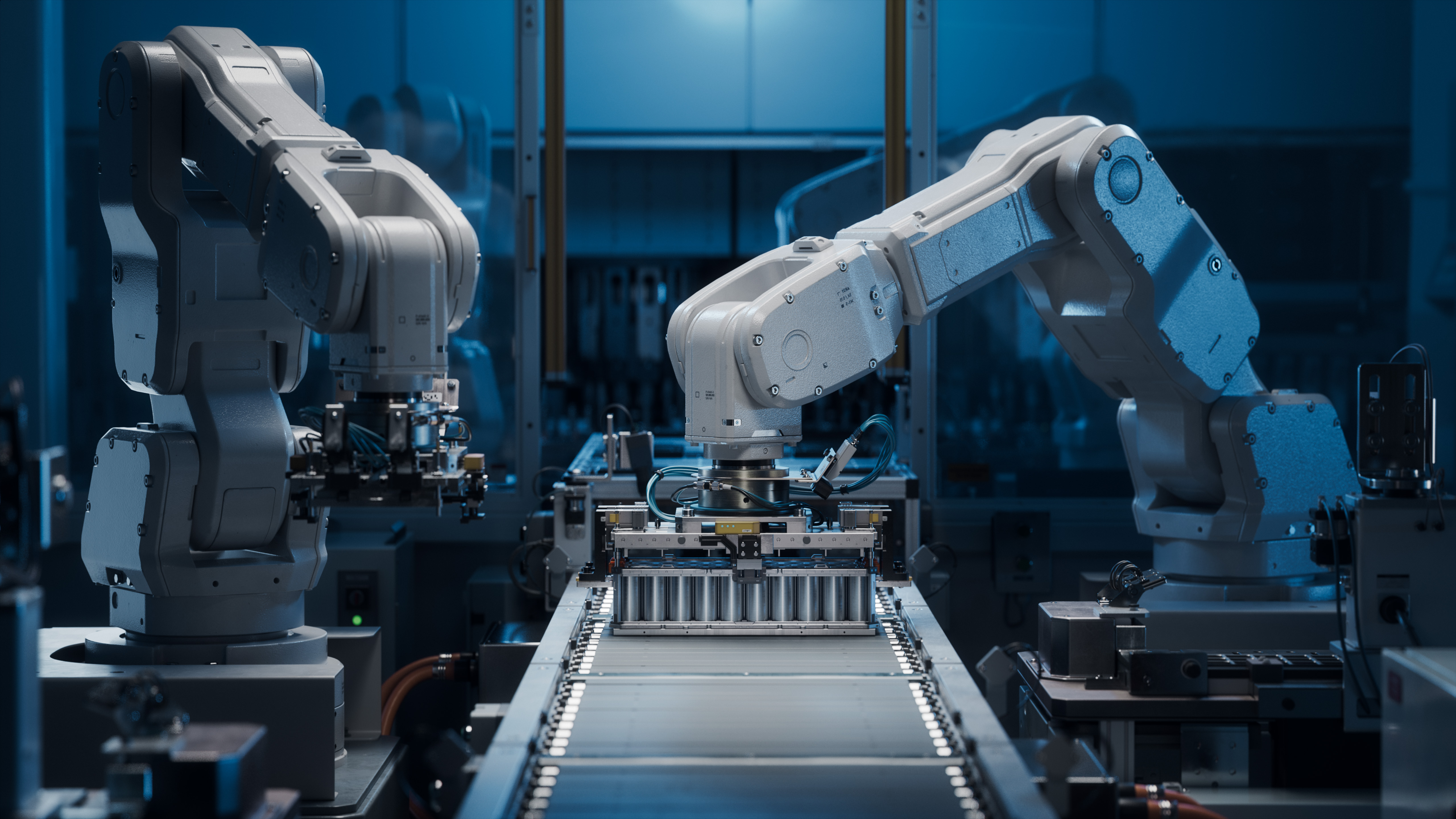 Robotic arms working on an electric-vehicle battery manufacturing line