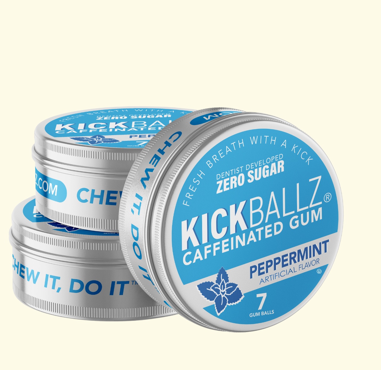 Stacked tins of KickBallz peppermint caffeinated gum, a brand Nogin announced as a client in February 2025