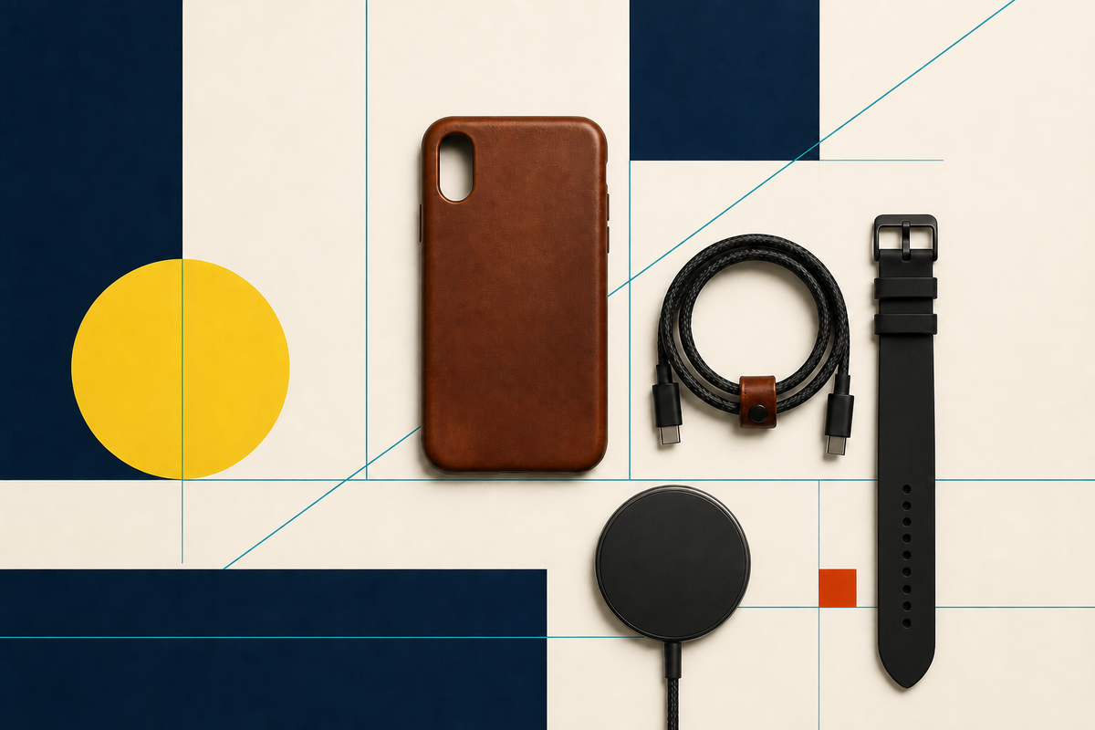 Swiss-style arrangement of a leather phone case, braided cable, watch band and charging puck