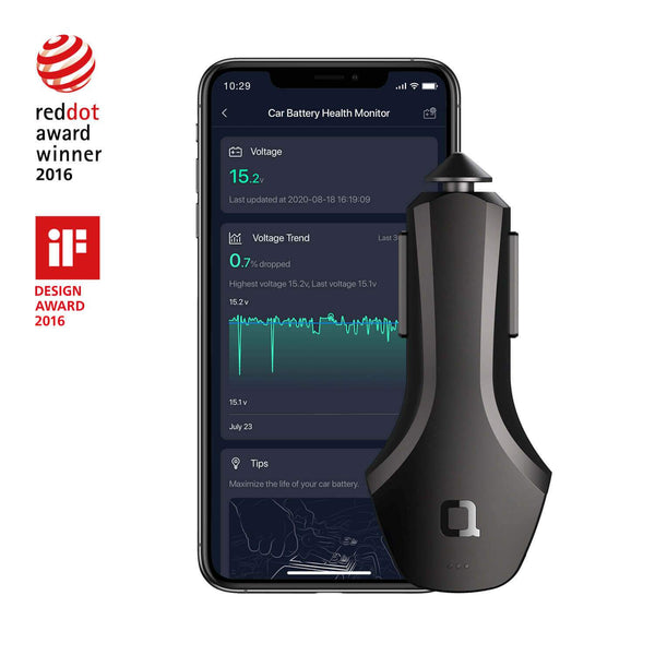 ZUS smart car charger shown beside its battery monitoring app
